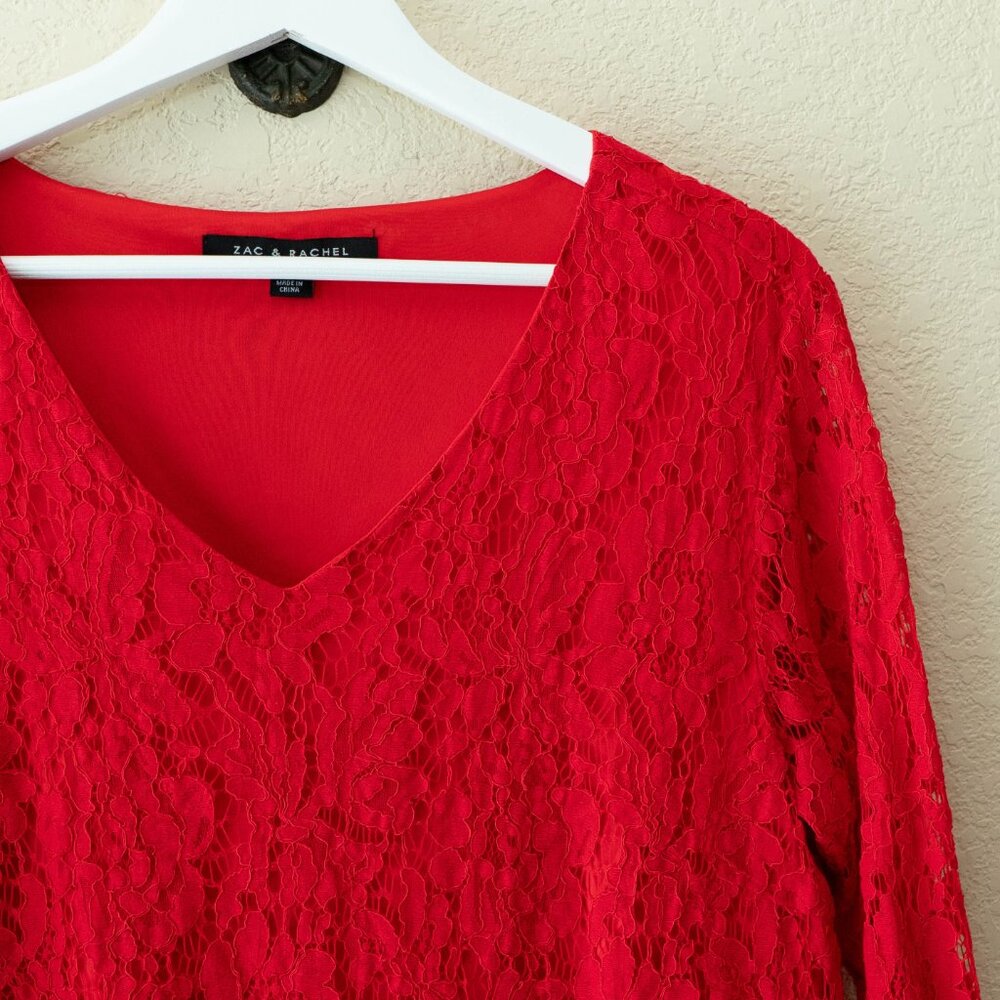 Zac & Rachel Red Lace Top Large V Neck Floral Lace Blouse Lined 3/4 Sleeve - Picture 4 of 13